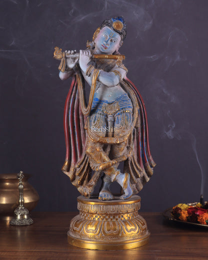 Pure Brass Lord Krishna Vintage Hand-Painted Sculpture 18.5"