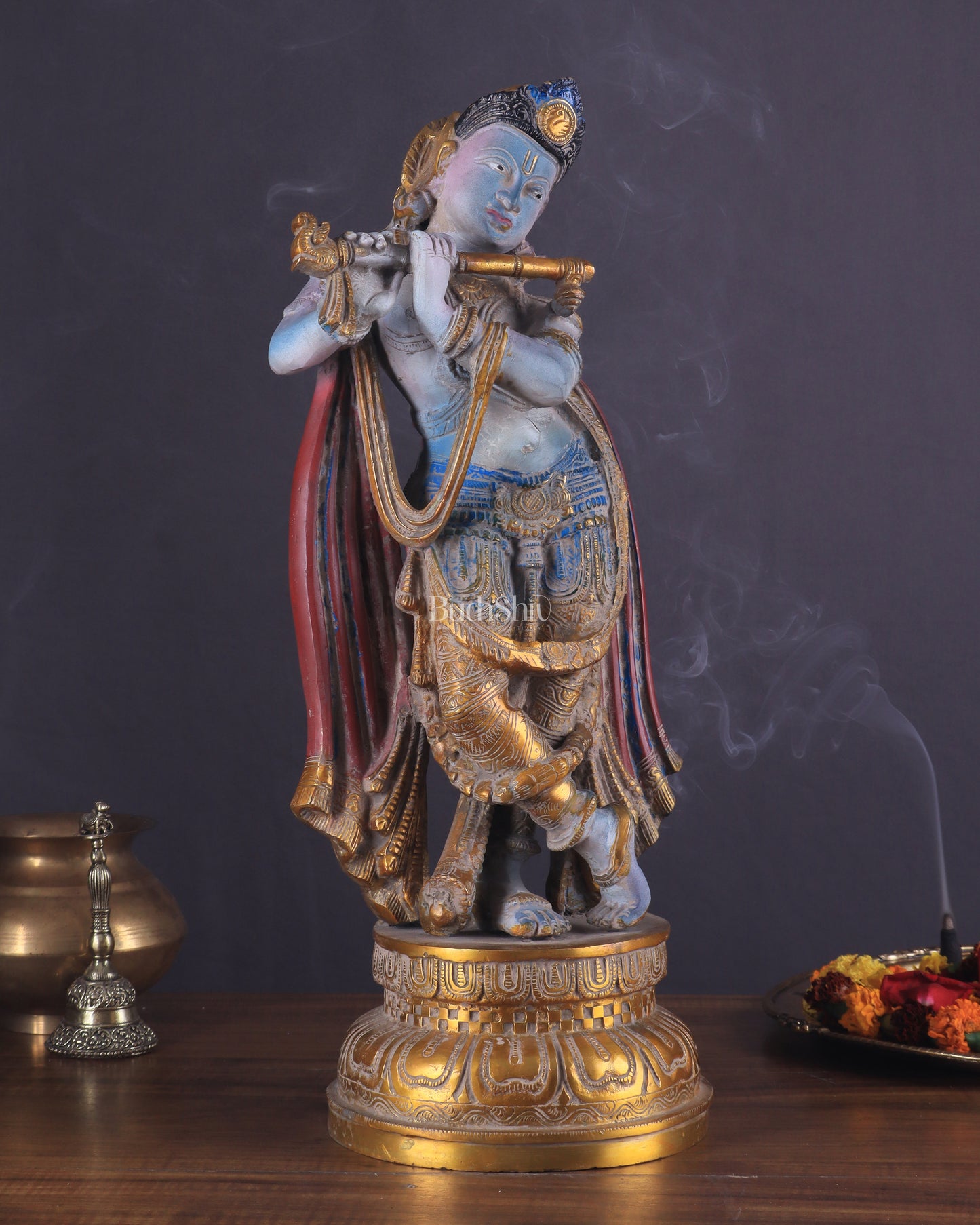 Pure Brass Lord Krishna Vintage Hand-Painted Sculpture 18.5"