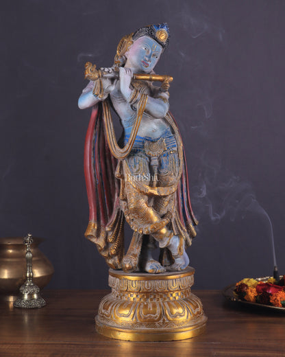 Pure Brass Lord Krishna Vintage Hand-Painted Sculpture 18.5"