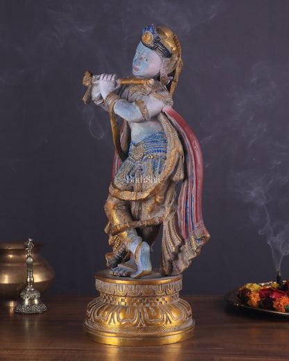 Pure Brass Lord Krishna Vintage Hand-Painted Sculpture 18.5"