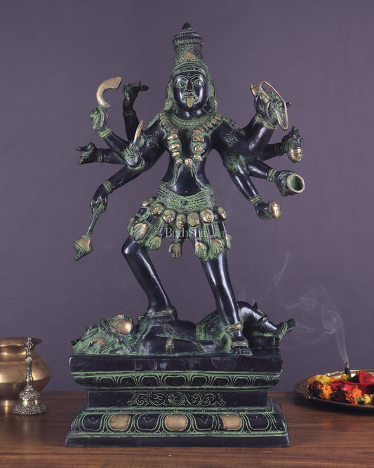 Vintage Brass Kali Mata Statue - 25 Inch, 10 Arms, Black green Edition