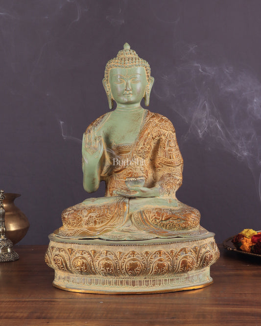 Pure Brass Buddha Statue with Engraved Life Story | 15" green Tone