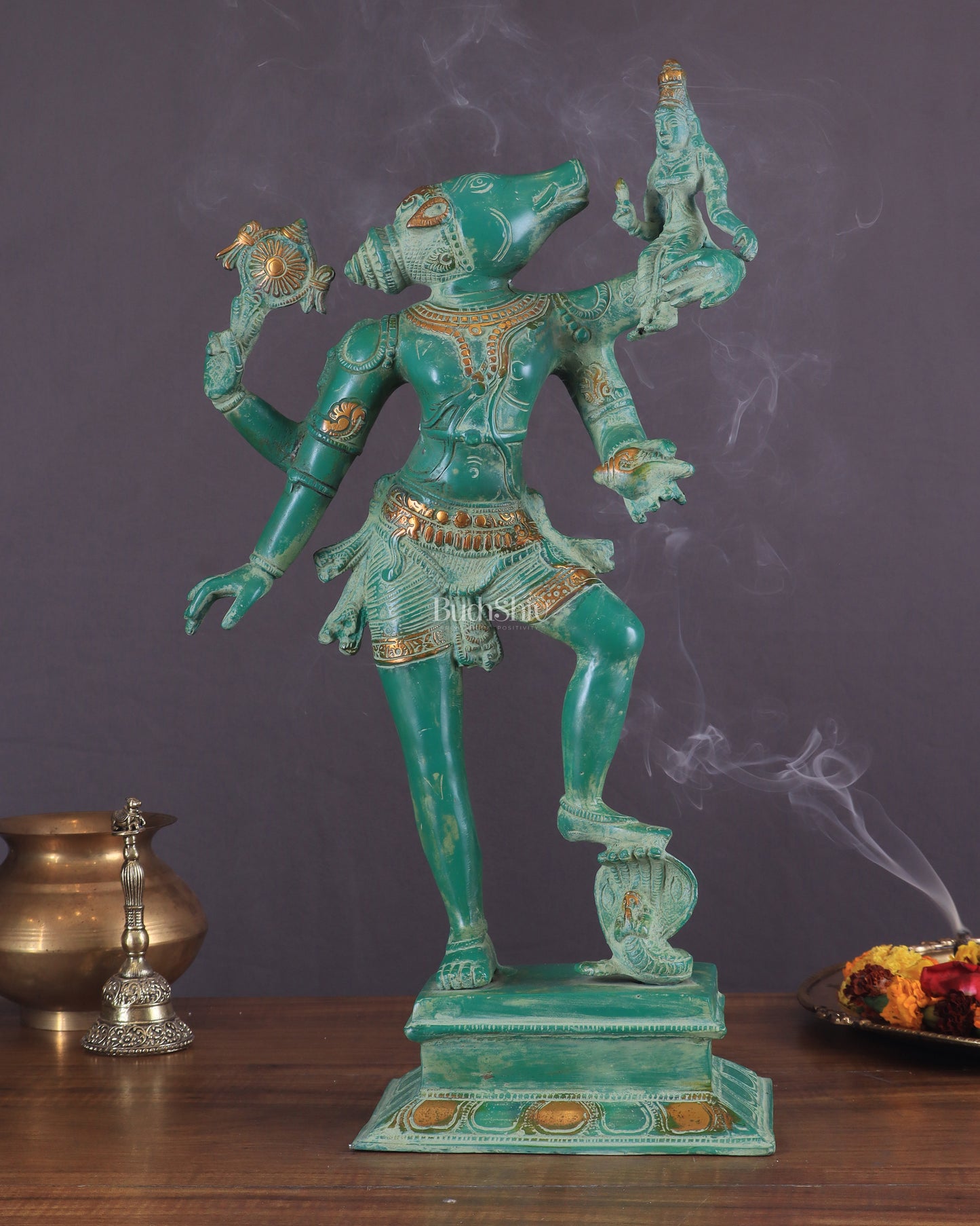 Varaha with Bhooma Devi Varaha Lakshmi Brass Statue 17 inch Green vintage