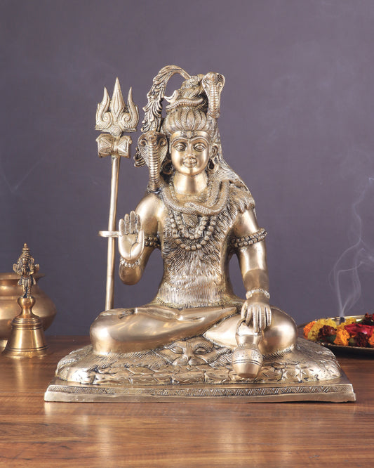 Pure Brass Lord Shiva Smiling Idol with Open Eyes 15"