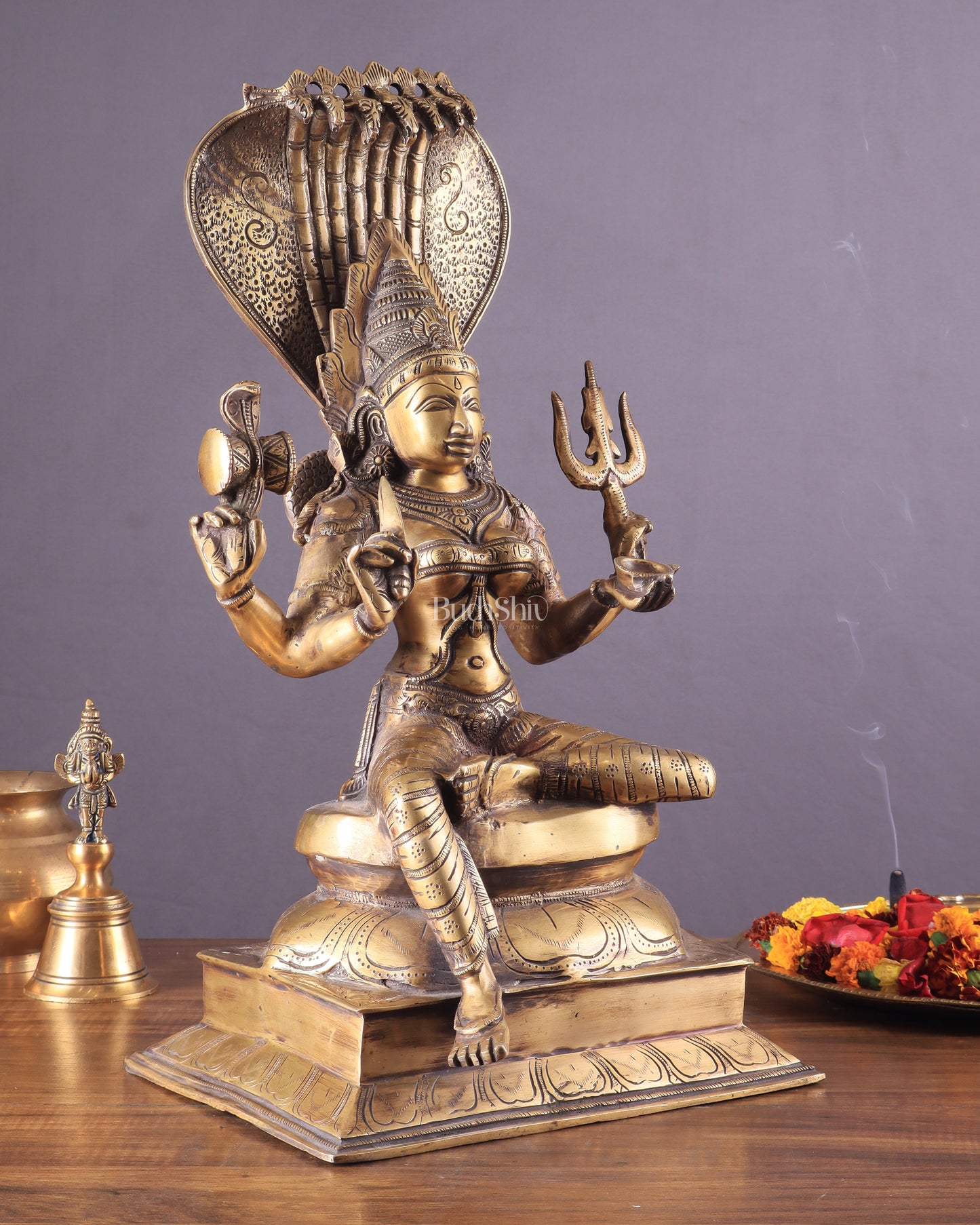 Pure Brass Goddess Mariamman Statue – Hindu Goddess of Rain 19"