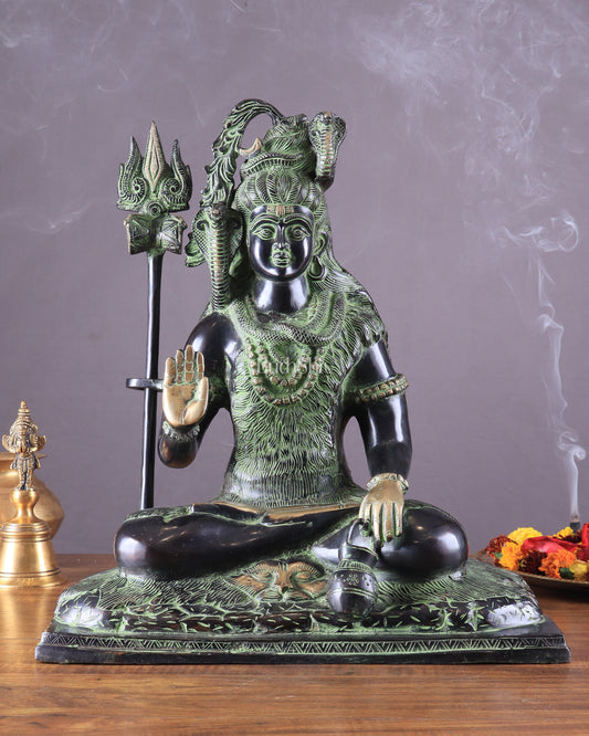 Pure Brass Lord Shiva Smiling Idol with Open Eyes 15" black green