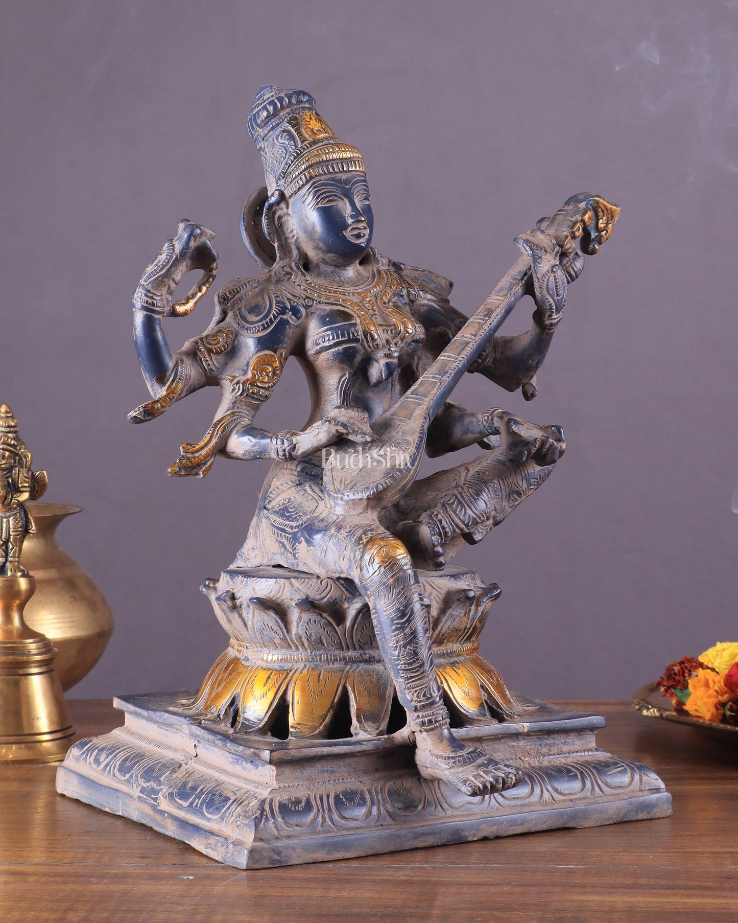 Vintage Brass Goddess Saraswati Statue - Sand Finish - 11"