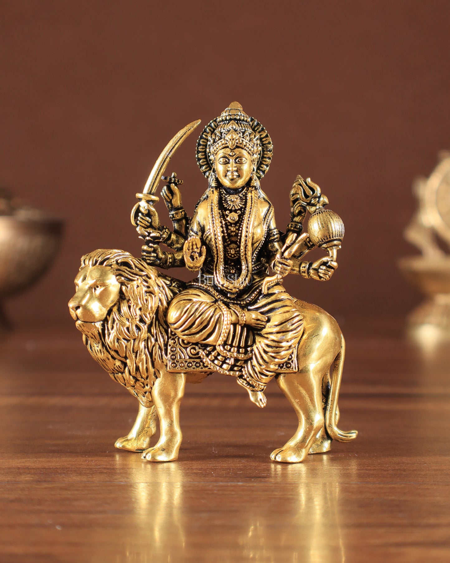 Pure Brass Superfine Durga on Lion Idol golden tone