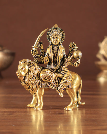 Pure Brass Superfine Durga on Lion Idol golden tone