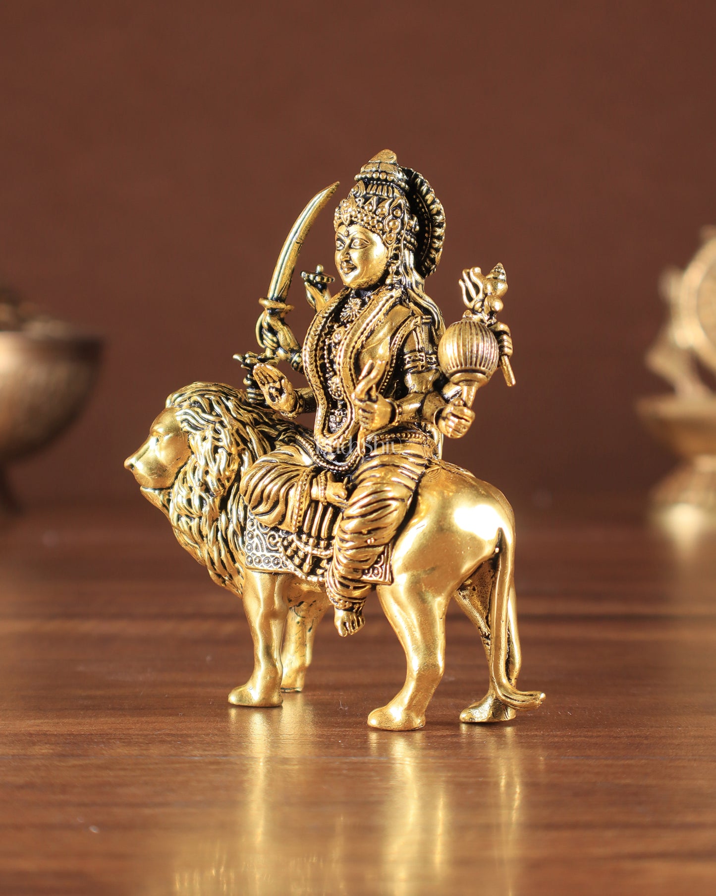 Pure Brass Superfine Durga on Lion Idol golden tone