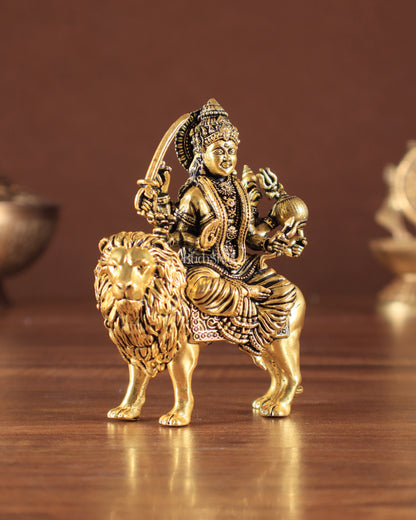 Pure Brass Superfine Durga on Lion Idol golden tone