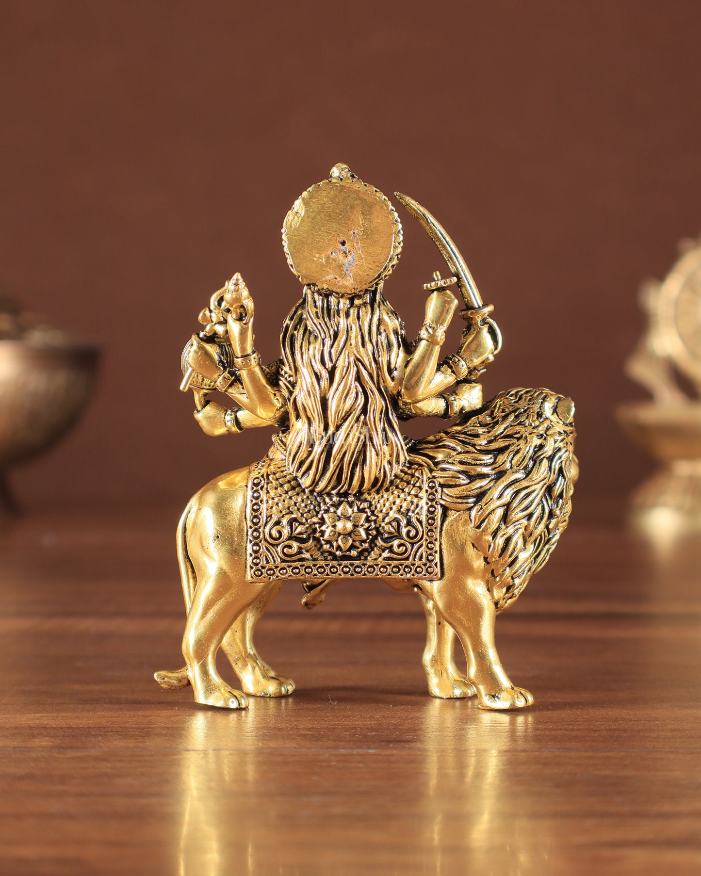 Pure Brass Superfine Durga on Lion Idol golden tone