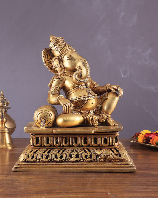 Pure Brass Resting Ganesha Statue 12"