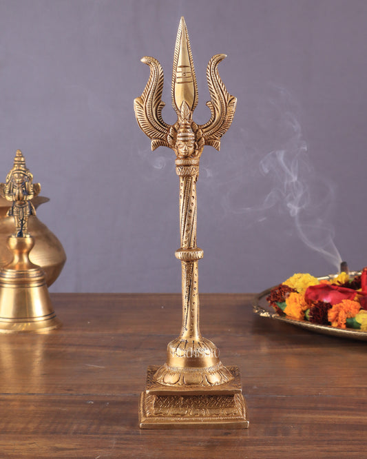 Pure Brass Standing Trishul with Intricate Carvings – 10" Decorative Piece