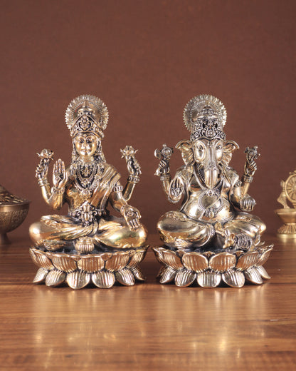 Intricate Brass Ganesha Lakshmi on Lotus – 8.5" x 5.5" x 4.5"