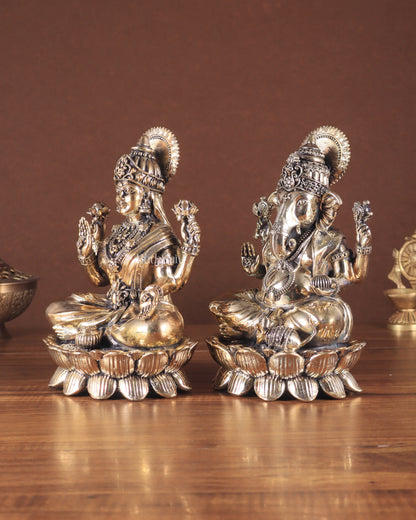 Intricate Brass Ganesha Lakshmi on Lotus – 8.5" x 5.5" x 4.5"