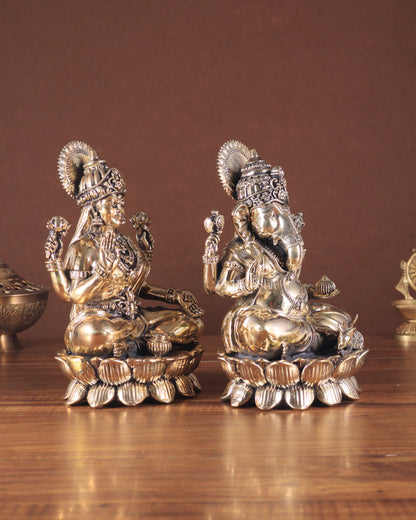 Intricate Brass Ganesha Lakshmi on Lotus – 8.5" x 5.5" x 4.5"