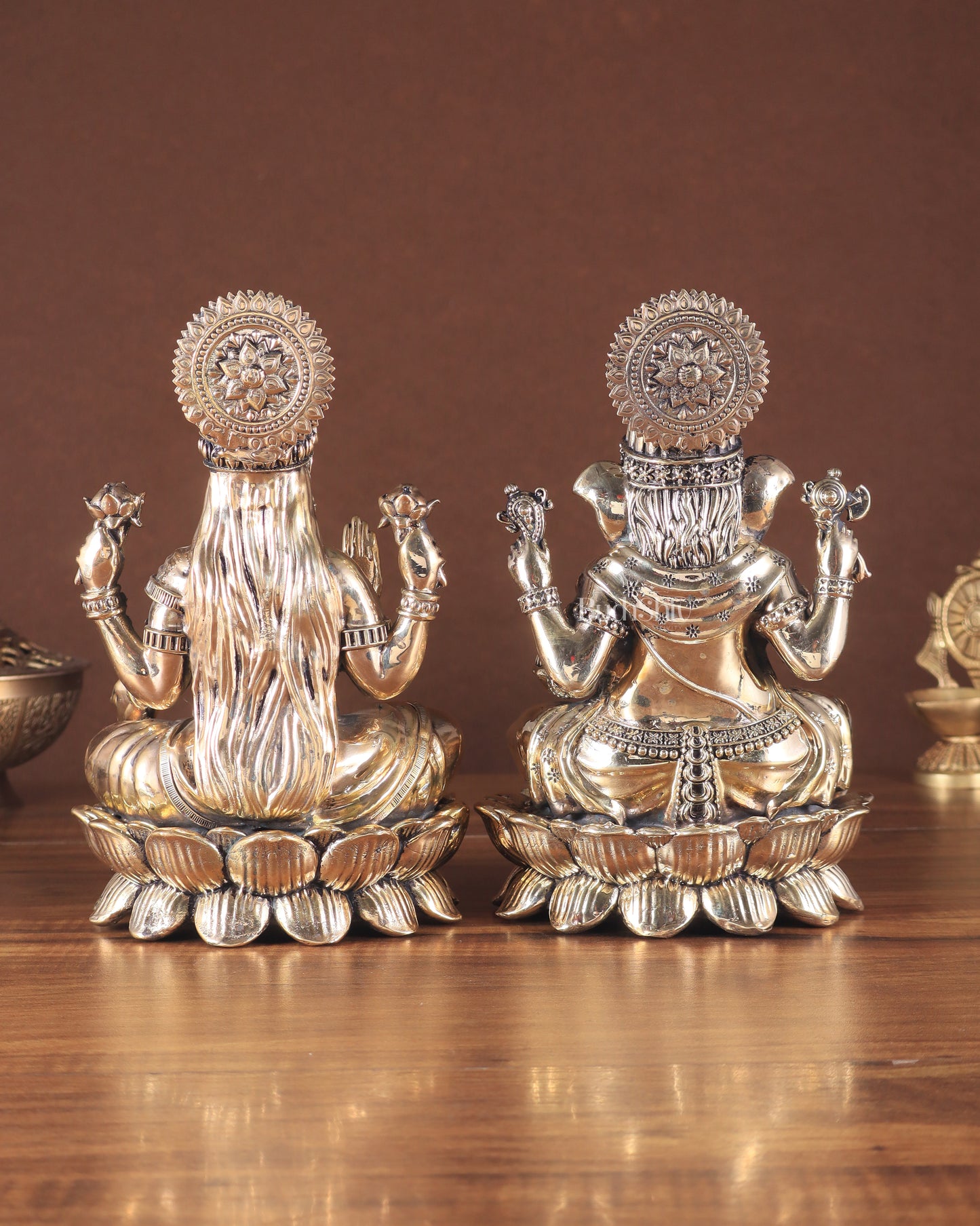 Intricate Brass Ganesha Lakshmi on Lotus – 8.5" x 5.5" x 4.5"