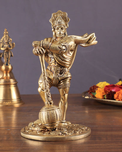 Powerful Standing Hanuman Brass Idol - 7.5" Height, Superfine Craftsmanship