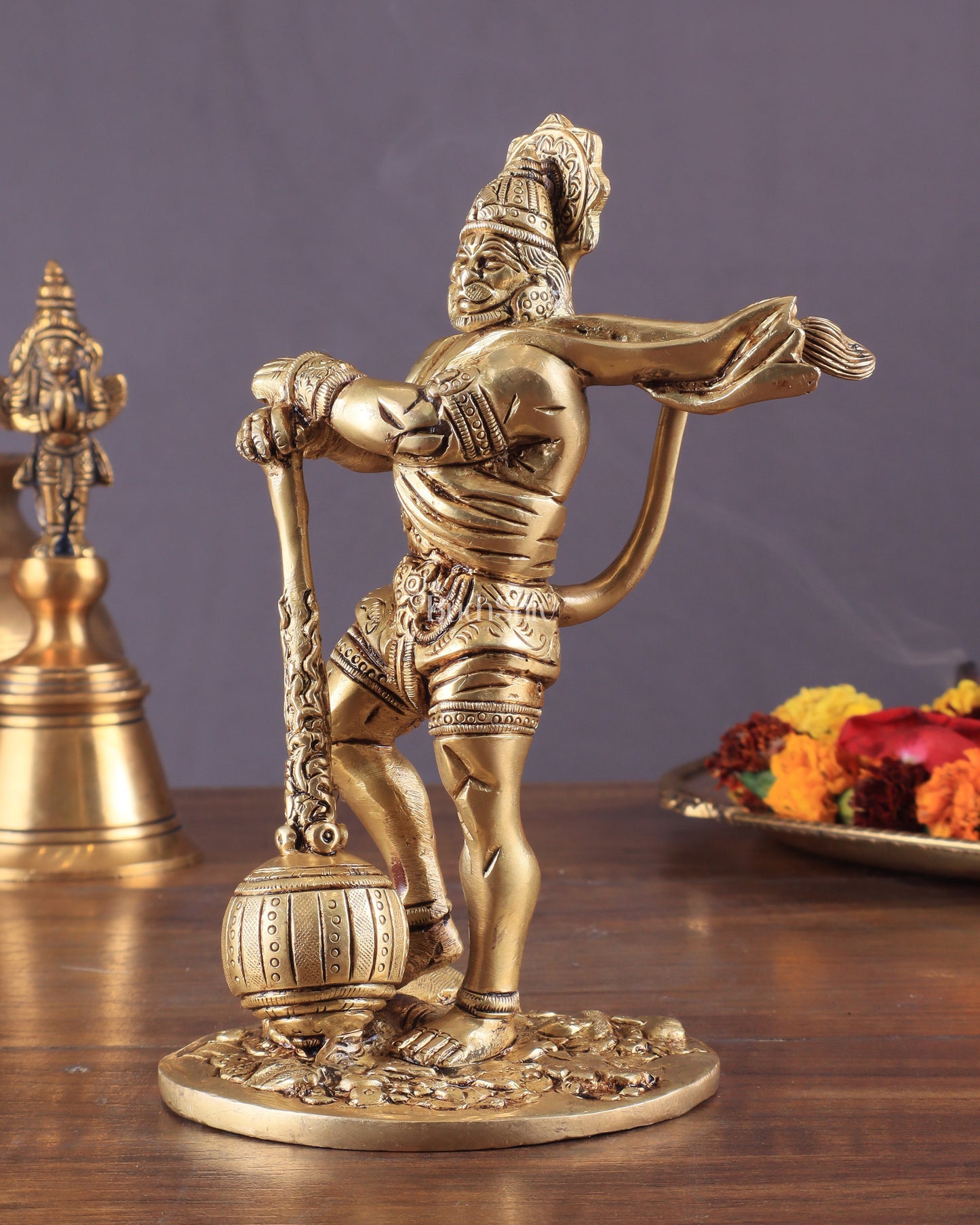 Powerful Standing Hanuman Brass Idol - 7.5" Height, Superfine Craftsmanship