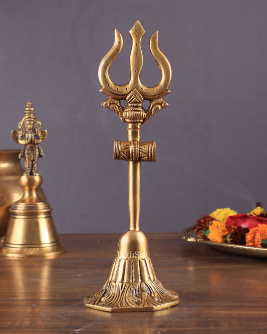 Pure Brass Lord Shiva's Trishul Statue – 11" Standing Table Decor