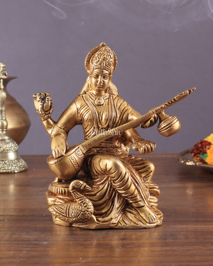 Pure Brass Goddess Saraswati with Swan Idol – 6" Handcrafted Statue