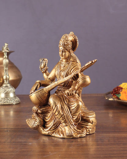 Pure Brass Goddess Saraswati with Swan Idol – 6" Handcrafted Statue