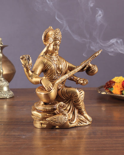 Pure Brass Goddess Saraswati with Swan Idol – 6" Handcrafted Statue