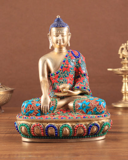 Pure Brass colourful Buddha Statue with Hand Down - 9.5" stonework