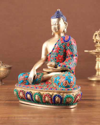 Pure Brass colourful Buddha Statue with Hand Down - 9.5" stonework