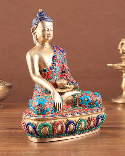 Pure Brass colourful Buddha Statue with Hand Down - 9.5" stonework