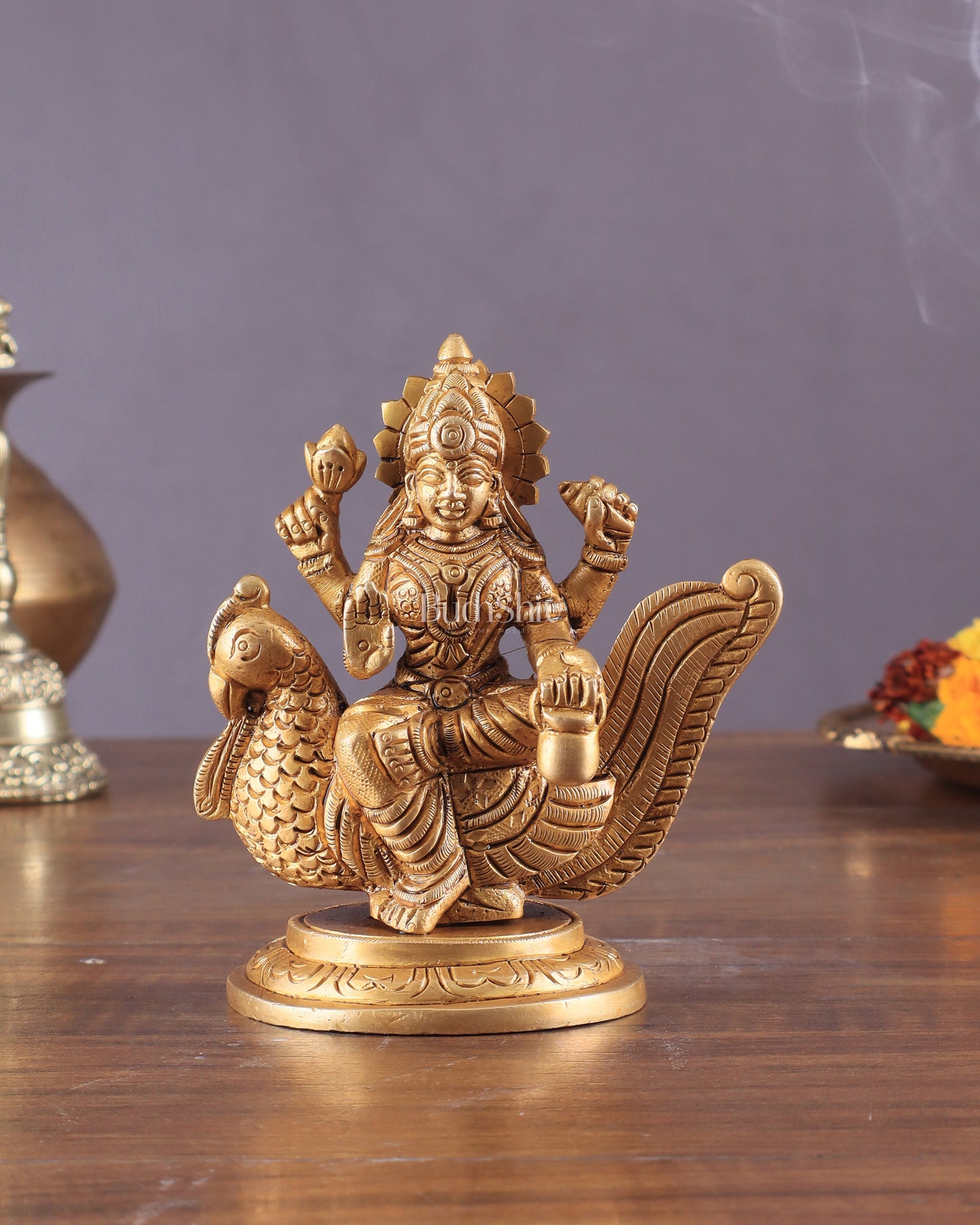 Pure Brass Superfine Goddess Gayatri Sitting on Swan Idol 4.5"