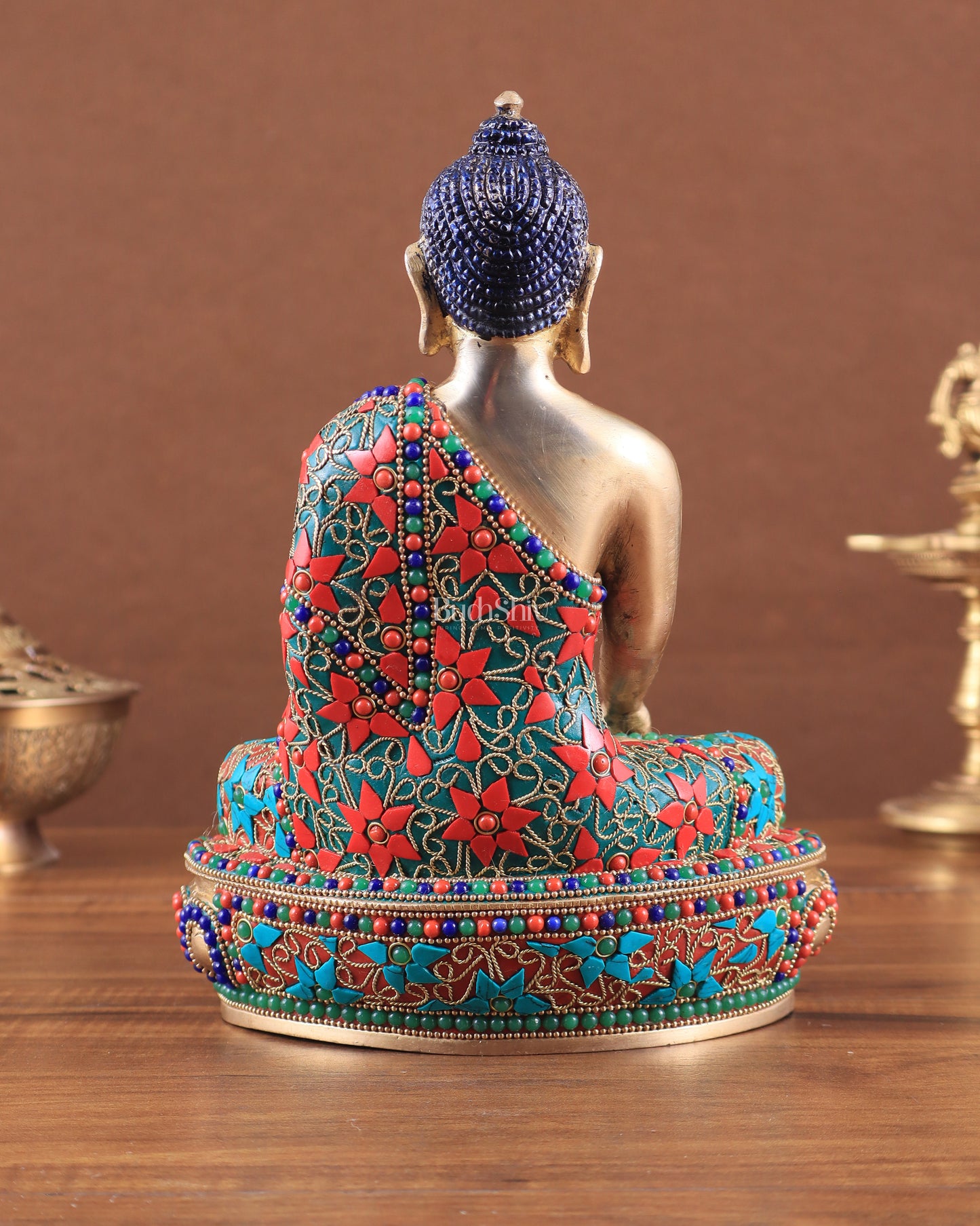 Pure Brass colourful Buddha Statue with Hand Down - 9.5" stonework