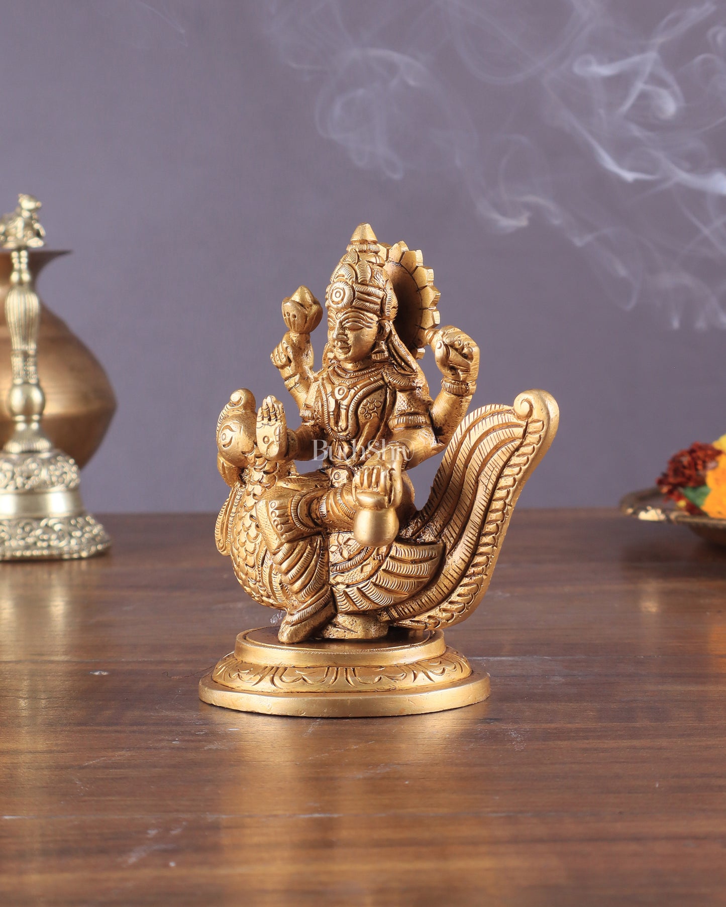 Pure Brass Superfine Goddess Gayatri Sitting on Swan Idol 4.5"