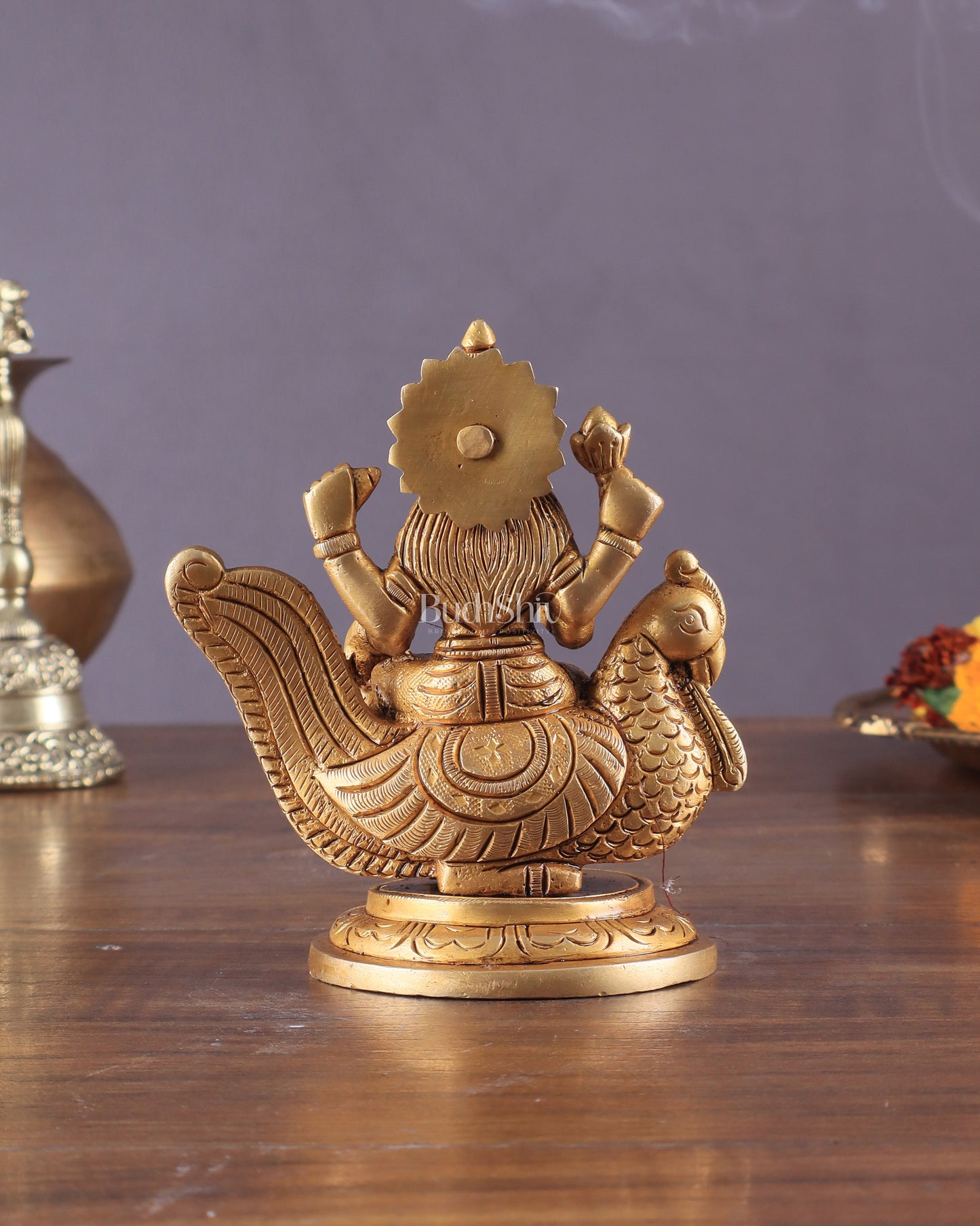 Pure Brass Superfine Goddess Gayatri Sitting on Swan Idol 4.5"