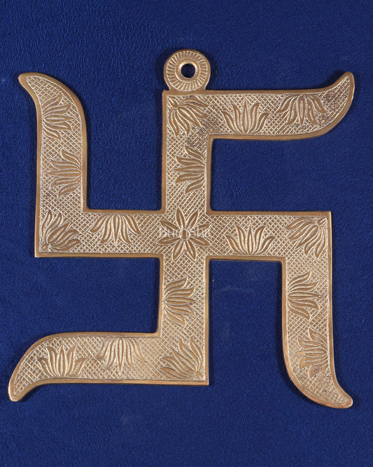 Pure Brass Wall Hanging Swastik with Lotus Carvings