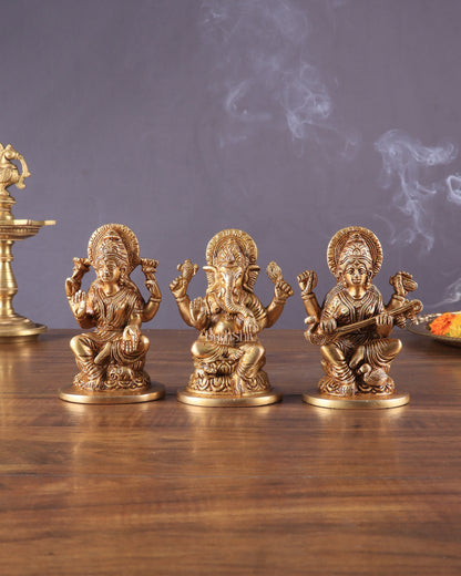 Pure Brass Ganesha, Lakshmi, and Saraswati Idols – 4.5" Handcrafted Set