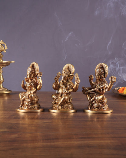 Pure Brass Ganesha, Lakshmi, and Saraswati Idols – 4.5" Handcrafted Set