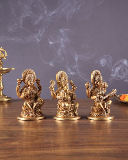 Pure Brass Ganesha, Lakshmi, and Saraswati Idols – 4.5" Handcrafted Set