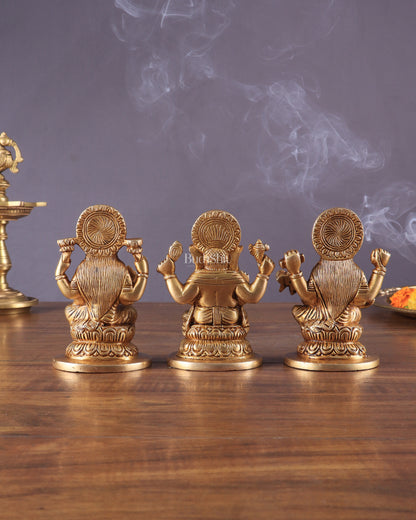 Pure Brass Ganesha, Lakshmi, and Saraswati Idols – 4.5" Handcrafted Set