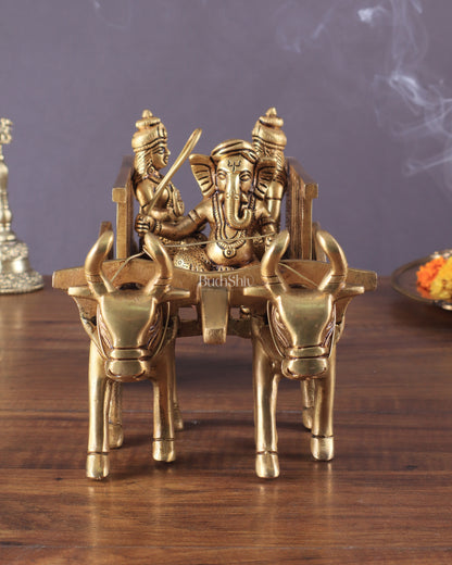 Brass Ganesha showpiece bullock cart with riddhi siddhi enhanced carvings