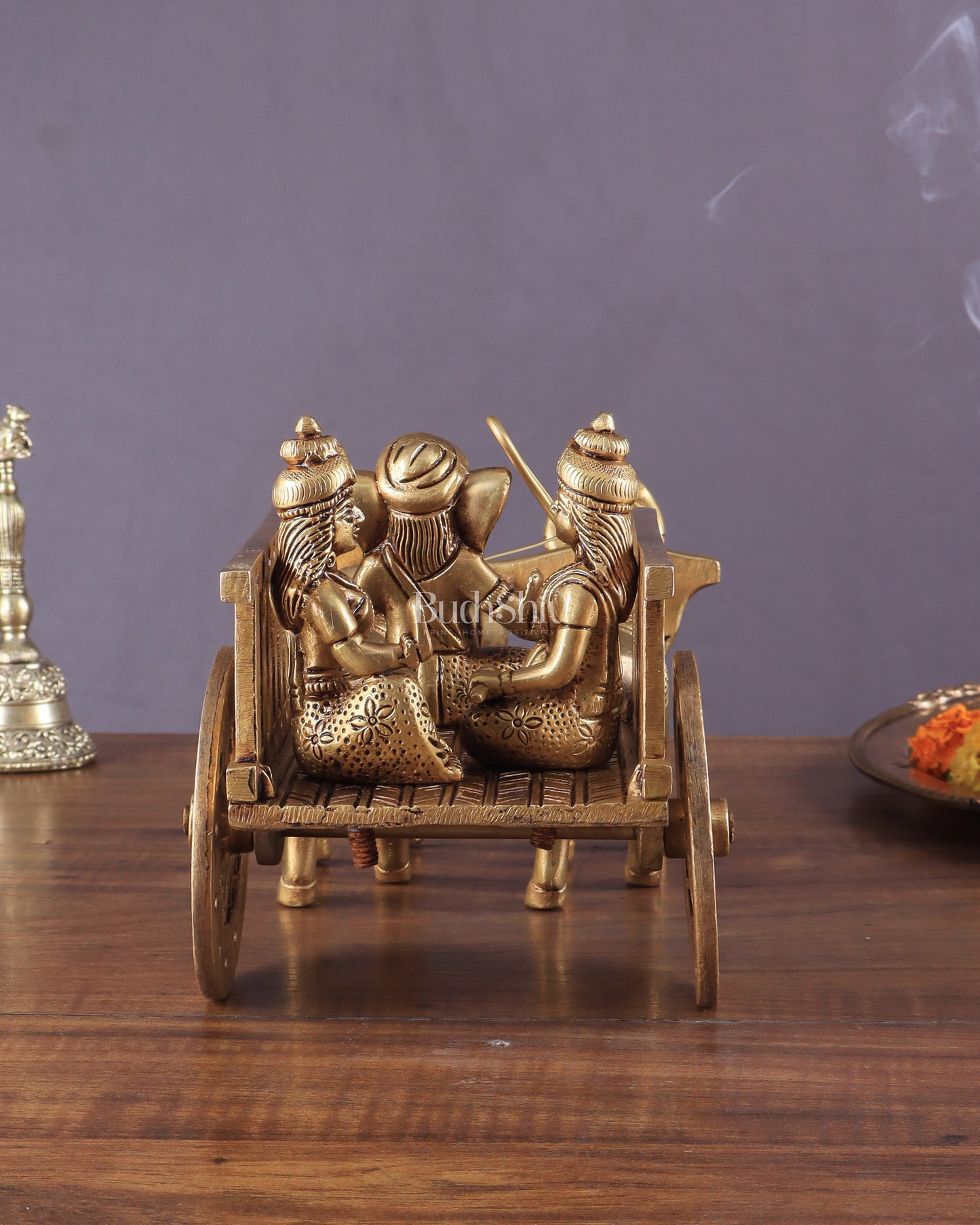 Brass Ganesha showpiece bullock cart with riddhi siddhi enhanced carvings