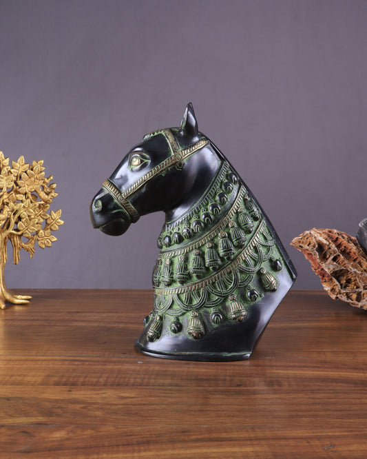 Pure Brass Horse Head Showpiece - Black and Green Antique Tone | 11 Inch