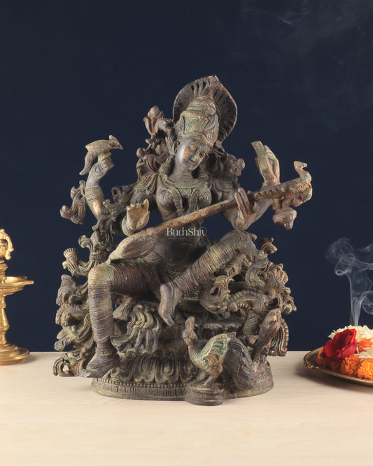 Brass Vintage Finish Saraswati Idol - 16" Divine Sculpture