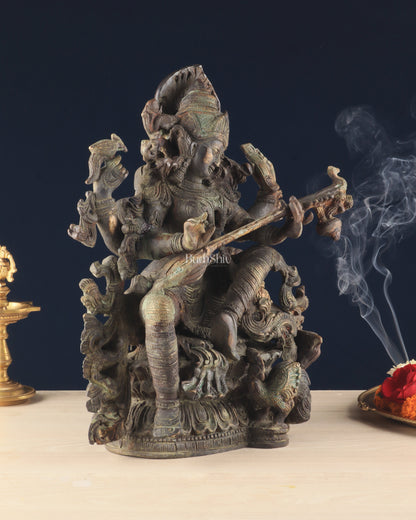 Brass Vintage Finish Saraswati Idol - 16" Divine Sculpture