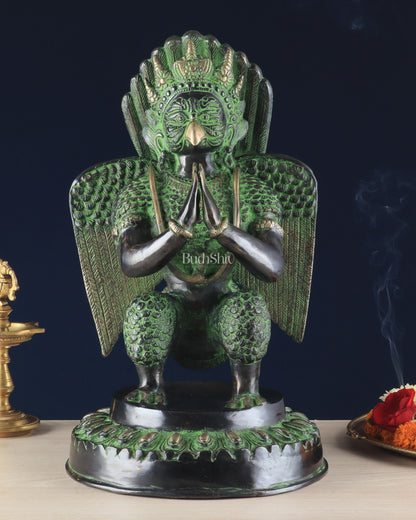 Pure Brass Unique Garuda Dev Statue (Black and Green Antique Tone) 17"