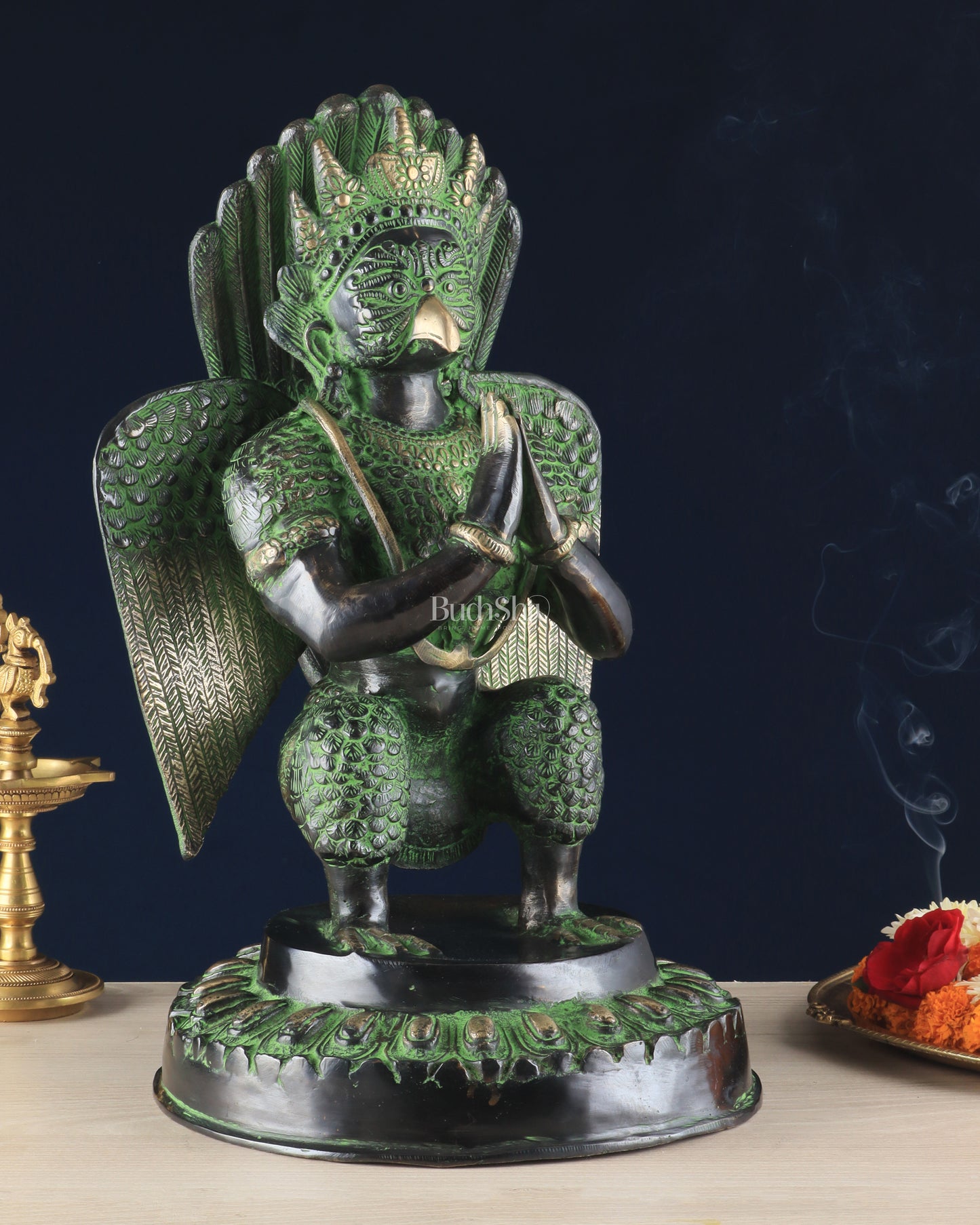 Pure Brass Unique Garuda Dev Statue (Black and Green Antique Tone) 17"