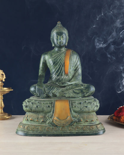 Unique Brass Blessing Buddha Statue in Green Stone Finish – 15 Inches