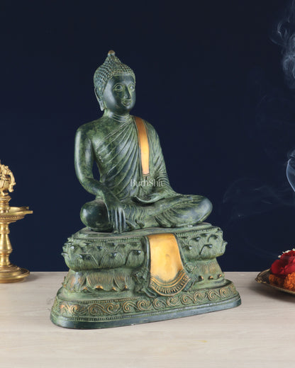 Unique Brass Blessing Buddha Statue in Green Stone Finish – 15 Inches