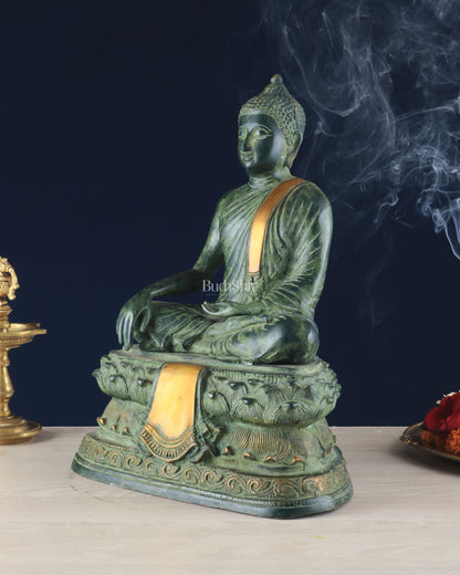 Unique Brass Blessing Buddha Statue in Green Stone Finish – 15 Inches